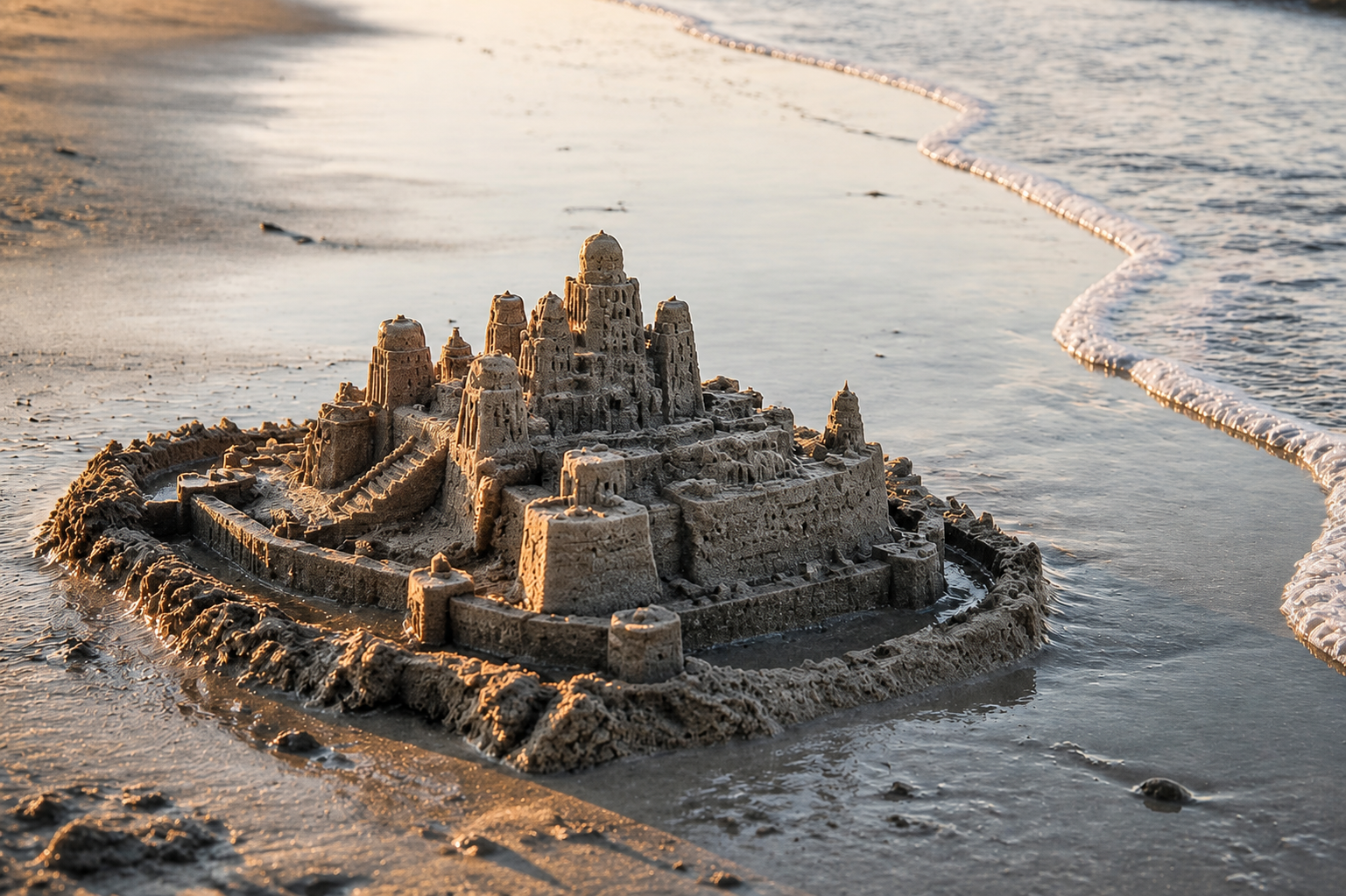 A sand castle built near an incoming wave
